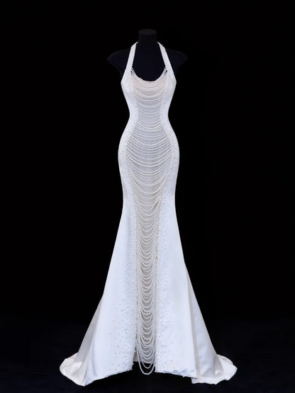 Timeless Wedding Gowns Dresses Romantic Mermaid Halter Pearls for Bride With Beadings White Petite/Plus Size Bridal Gown For Women SA110