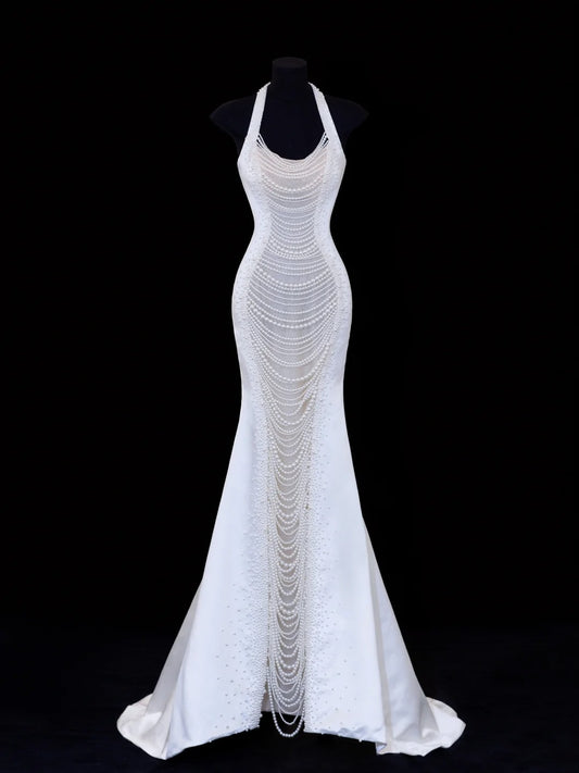 Timeless Wedding Gowns Dresses Romantic Mermaid Halter Pearls for Bride With Beadings White Petite/Plus Size Bridal Gown For Women SA110