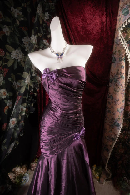Elegant Mermaid Strapless Purple Satin With Pleated Long Prom Dresses Formal Outfit Evening Night Dress RB8126