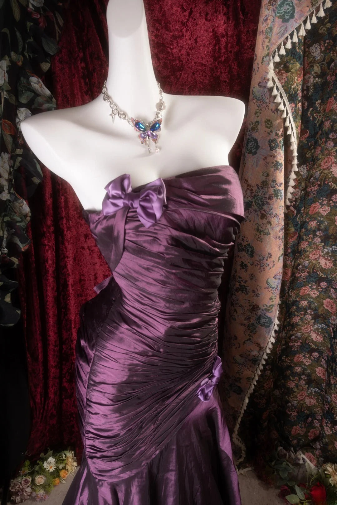 Elegant Mermaid Strapless Purple Satin With Pleated Long Prom Dresses Formal Outfit Evening Night Dress RB8126