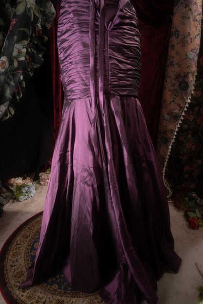 Elegant Mermaid Strapless Purple Satin With Pleated Long Prom Dresses Formal Outfit Evening Night Dress RB8126