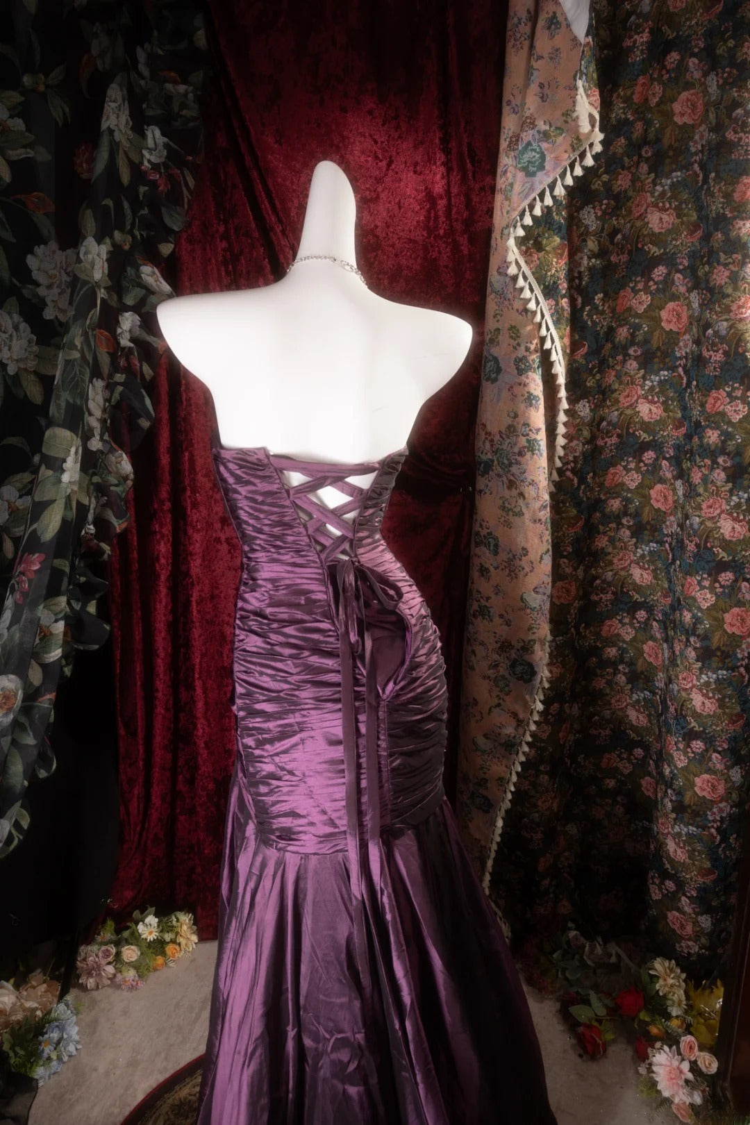 Elegant Mermaid Strapless Purple Satin With Pleated Long Prom Dresses Formal Outfit Evening Night Dress RB8126