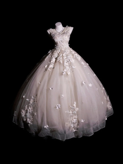 Light Blush Pink Prom Dress Ball Gown V Neck With Appliques Modest Formal Party Gown RB9909
