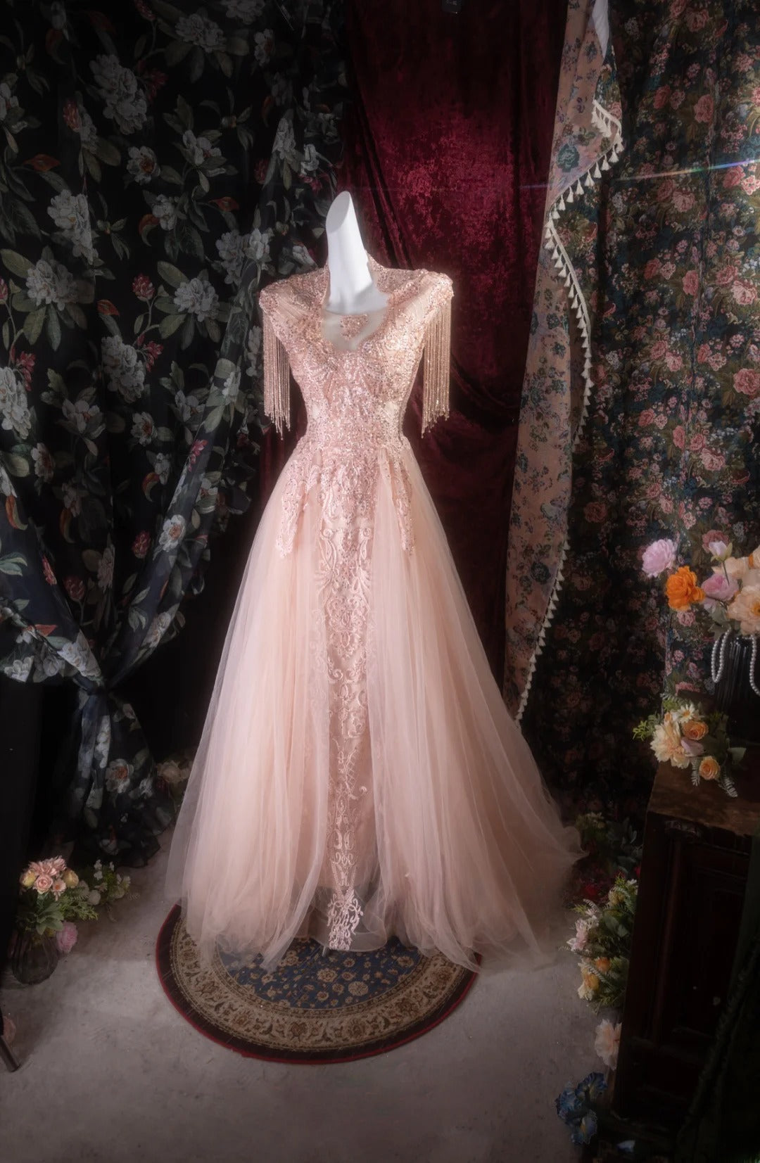 Elegant Mermaid Scoop Pink Tulle With Appliqued Lace Long Prom Dresses Formal Outfit Evening Night Dress RB8127