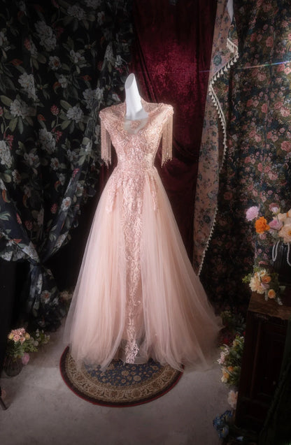 Elegant Mermaid Scoop Pink Tulle With Appliqued Lace Long Prom Dresses Formal Outfit Evening Night Dress RB8127