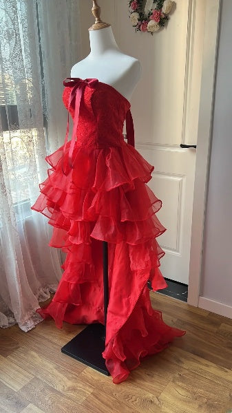 Prom Dress High Low Strapless Red With Bow-knot Formal Party Gown For Senior Women RC0478