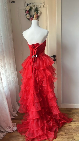 Prom Dress High Low Strapless Red With Bow-knot Formal Party Gown For Senior Women RC0478