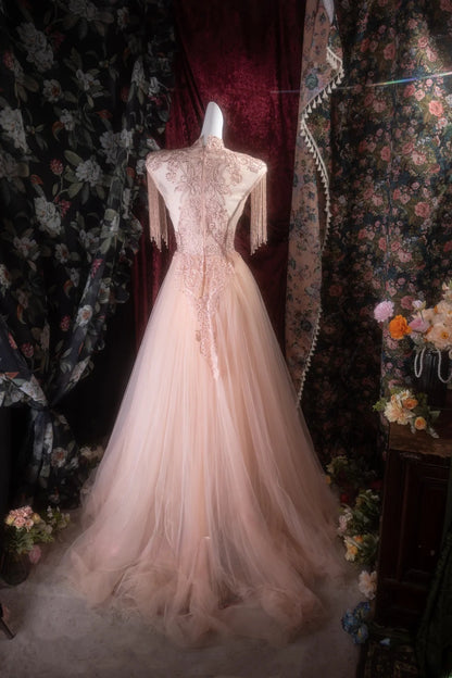 Elegant Mermaid Scoop Pink Tulle With Appliqued Lace Long Prom Dresses Formal Outfit Evening Night Dress RB8127