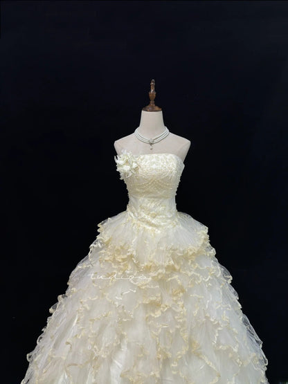 Princess Ball Gown Strapless Yellow With Tiered Layers Quince Dress Voluminous Sweet 16 Sweet Sixteen Outfits Vestido de 15 RB7481