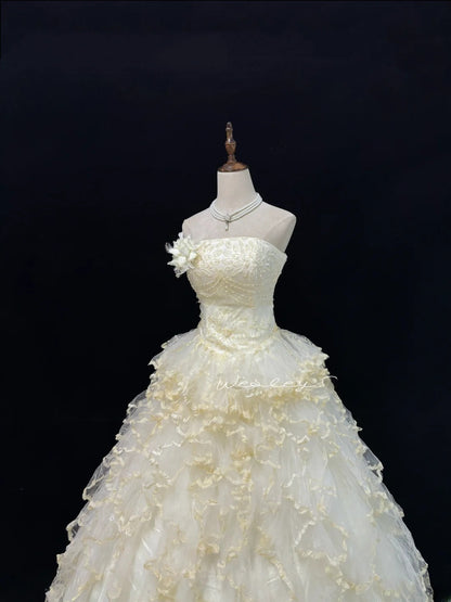 Princess Ball Gown Strapless Yellow With Tiered Layers Quince Dress Voluminous Sweet 16 Sweet Sixteen Outfits Vestido de 15 RB7481