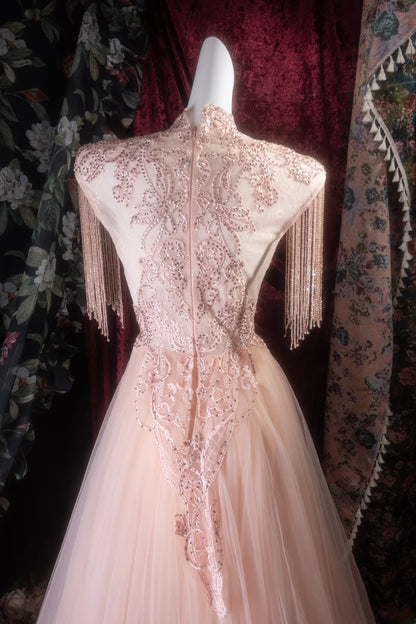 Elegant Mermaid Scoop Pink Tulle With Appliqued Lace Long Prom Dresses Formal Outfit Evening Night Dress RB8127