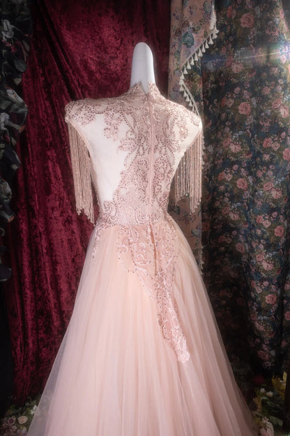 Elegant Mermaid Scoop Pink Tulle With Appliqued Lace Long Prom Dresses Formal Outfit Evening Night Dress RB8127