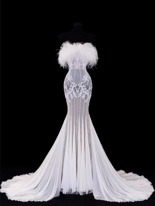 Elegant Women's Mermaid Strapless With Feathers Appliques White Long Wedding Gowns Dresses SA112