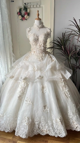 Princess Wedding Dress Ball Gown High Neck Tulle White With Appliques Floor Length Bridal Gown RC0479