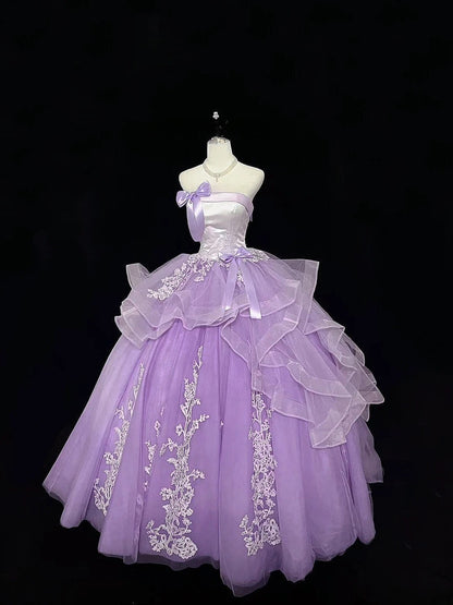 Princess Ball Gown Strapless Lilac With Tiered Layers Lace Quince Dress Voluminous Sweet 16 Sweet Sixteen Outfits Vestido de 15 RB7482