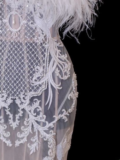 Elegant Women's Mermaid Strapless With Feathers Appliques White Long Wedding Gowns Dresses SA112