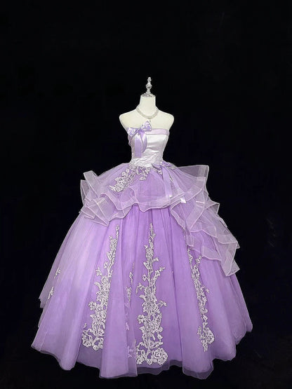 Princess Ball Gown Strapless Lilac With Tiered Layers Lace Quince Dress Voluminous Sweet 16 Sweet Sixteen Outfits Vestido de 15 RB7482