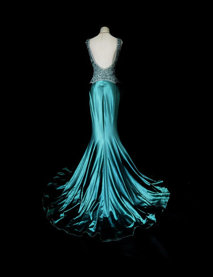 Vintage 70s Prom Dresses Mermaid Scoop Dark Green Satin With Open Backs Beading Long Party Dress Formal Outfits RB5922