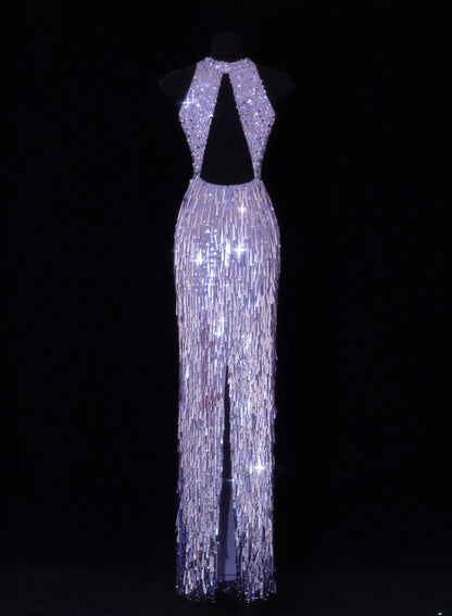 Classy Formal Sheath Scoop Neck Lilac Sequins With Tassel Style Impress Long Prom Dresses Party Gowns SA113
