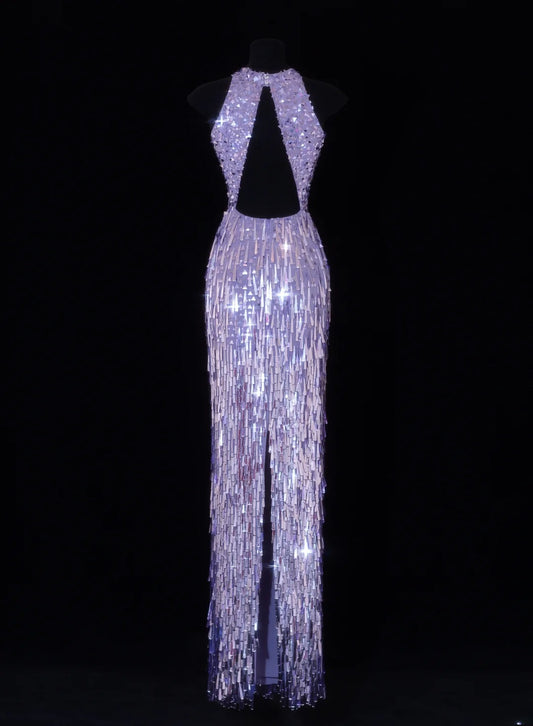 Classy Formal Sheath Scoop Neck Lilac Sequins With Tassel Style Impress Long Prom Dresses Party Gowns SA113