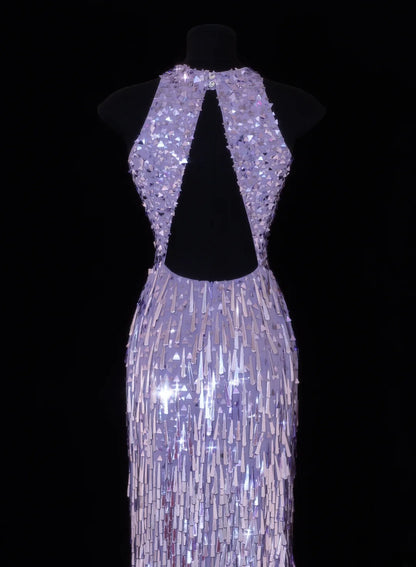 Classy Formal Sheath Scoop Neck Lilac Sequins With Tassel Style Impress Long Prom Dresses Party Gowns SA113