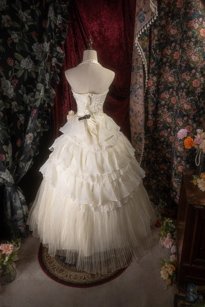 Cute Ball Gown Halter Cream Ivory Chiffon With Tiered Flowers Long Quince Dress Quinceanera Dresses Formal Birthday Outfits RB8129