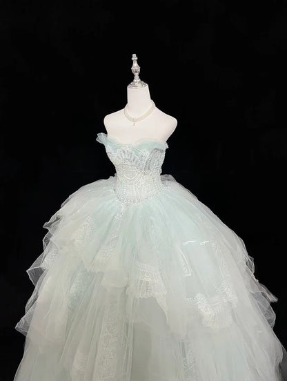 Princess Ball Gown Sweetheart Light Mint Green With Tiered Layers Quince Dress Voluminous Sweet 16 Sweet Sixteen Outfits Vestido de 15 RB7484