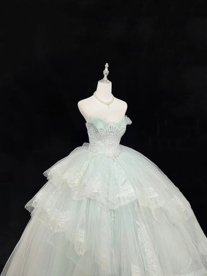 Princess Ball Gown Sweetheart Light Mint Green With Tiered Layers Quince Dress Voluminous Sweet 16 Sweet Sixteen Outfits Vestido de 15 RB7484