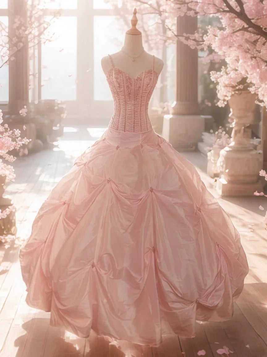 Modest Ball Gown Spaghetti Strap Blush Pink With Beading Sleeveless Long Sweet 16 Dresses Seventeen Quince Dress RB3573