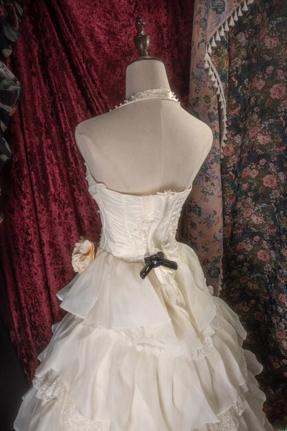 Cute Ball Gown Halter Cream Ivory Chiffon With Tiered Flowers Long Quince Dress Quinceanera Dresses Formal Birthday Outfits RB8129