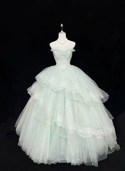 Princess Ball Gown Sweetheart Light Mint Green With Tiered Layers Quince Dress Voluminous Sweet 16 Sweet Sixteen Outfits Vestido de 15 RB7484
