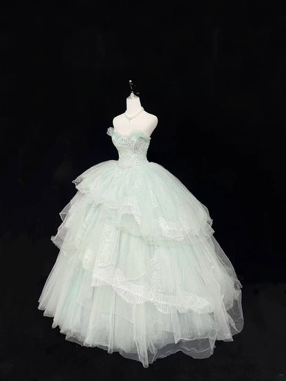 Princess Ball Gown Sweetheart Light Mint Green With Tiered Layers Quince Dress Voluminous Sweet 16 Sweet Sixteen Outfits Vestido de 15 RB7484