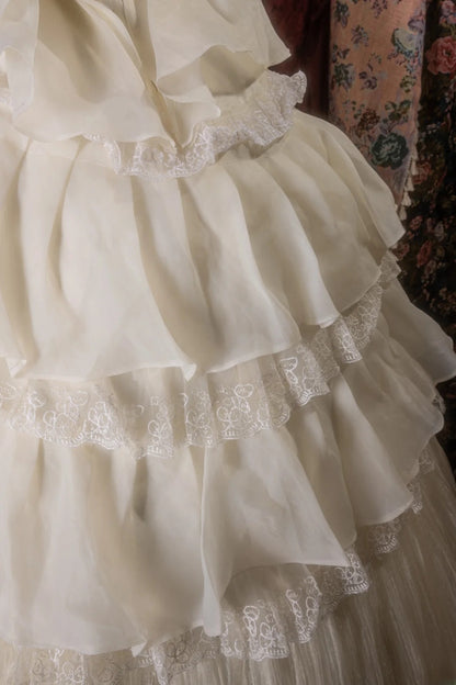 Cute Ball Gown Halter Cream Ivory Chiffon With Tiered Flowers Long Quince Dress Quinceanera Dresses Formal Birthday Outfits RB8129
