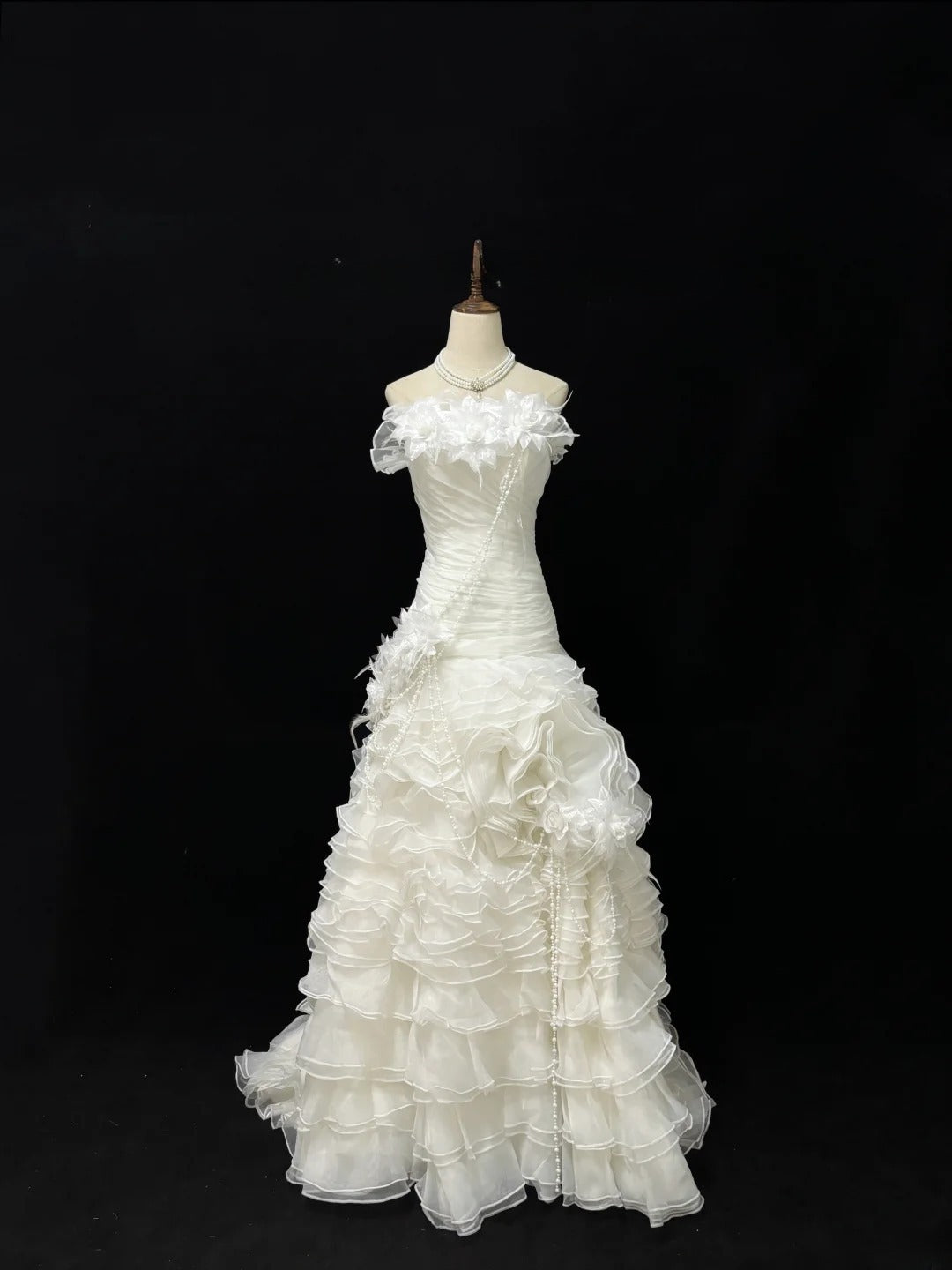 Vintage Mermaid Strapless Cream Ivory With Tiered Layers Long Brides Gown Bridal Dress Wedding Dresses Style RB7485