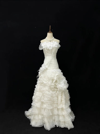 Vintage Mermaid Strapless Cream Ivory With Tiered Layers Long Brides Gown Bridal Dress Wedding Dresses Style RB7485