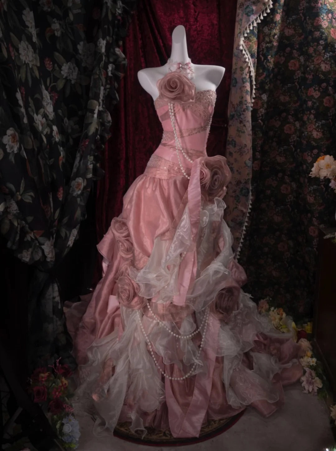 Elegant Mermaid Strapless Pink With Beading Flowers Long Prom Dresses Formal Outfit Evening Night Dress RB8130