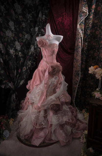 Elegant Mermaid Strapless Pink With Beading Flowers Long Prom Dresses Formal Outfit Evening Night Dress RB8130