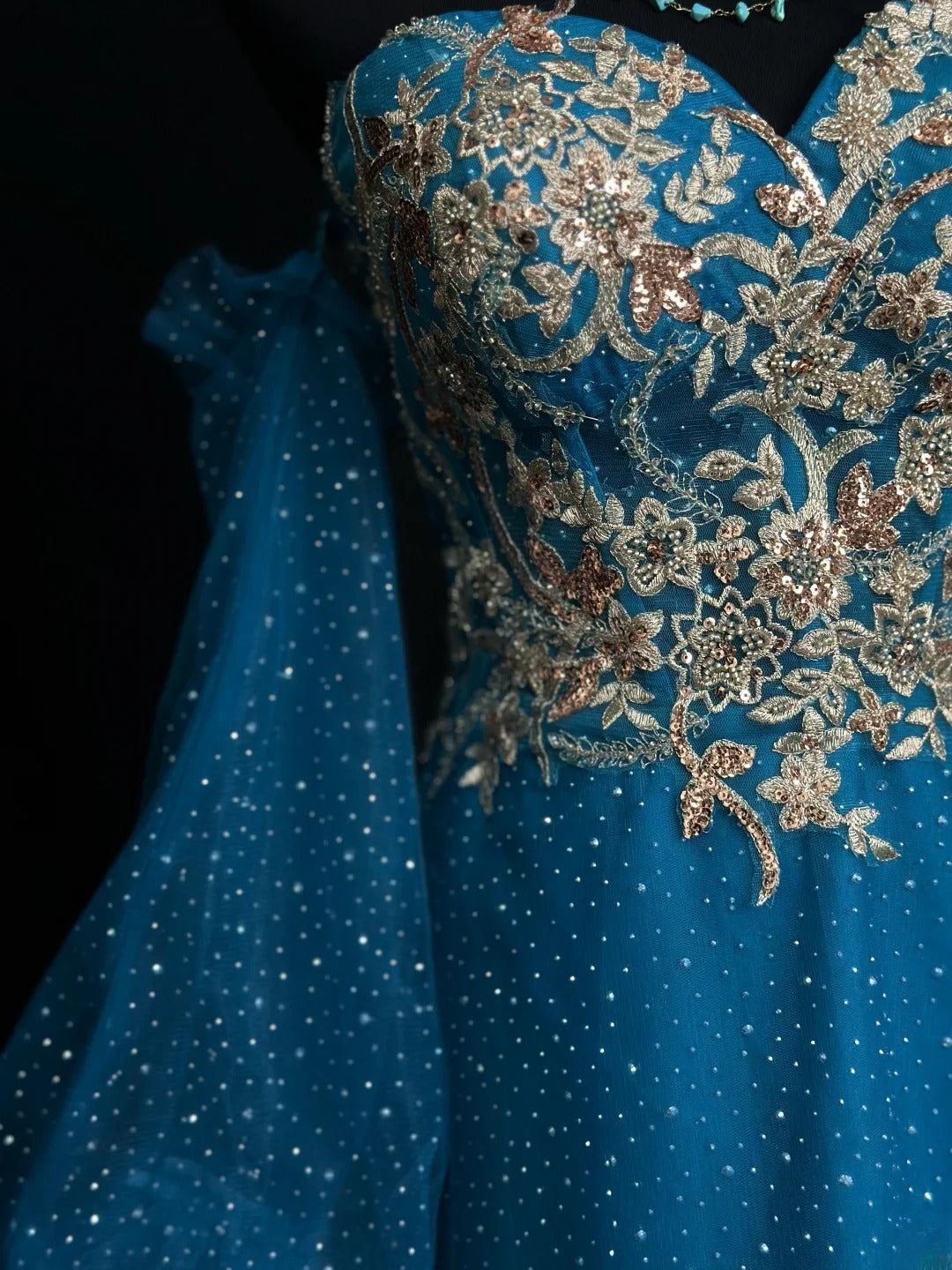 Vintage 1980s Prom Dresses A Line Sweetheart Blue With Sleeves Gold Lace Evening Dress Formal Outfits RB5925