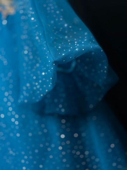 Vintage 1980s Prom Dresses A Line Sweetheart Blue With Sleeves Gold Lace Evening Dress Formal Outfits RB5925