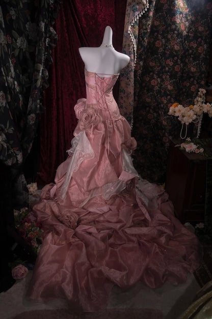 Elegant Mermaid Strapless Pink With Beading Flowers Long Prom Dresses Formal Outfit Evening Night Dress RB8130