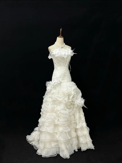 Vintage Mermaid Strapless Cream Ivory With Tiered Layers Long Brides Gown Bridal Dress Wedding Dresses Style RB7485