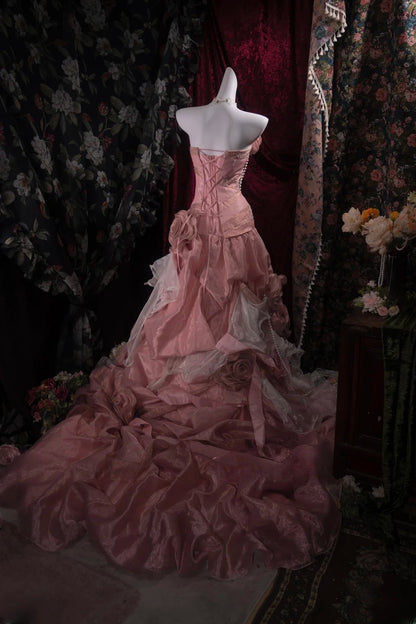 Elegant Mermaid Strapless Pink With Beading Flowers Long Prom Dresses Formal Outfit Evening Night Dress RB8130