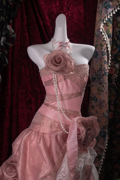 Elegant Mermaid Strapless Pink With Beading Flowers Long Prom Dresses Formal Outfit Evening Night Dress RB8130
