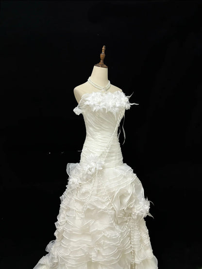Vintage Mermaid Strapless Cream Ivory With Tiered Layers Long Brides Gown Bridal Dress Wedding Dresses Style RB7485