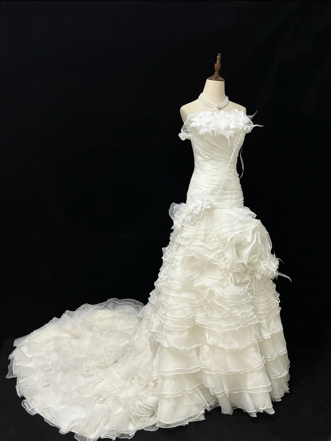 Vintage Mermaid Strapless Cream Ivory With Tiered Layers Long Brides Gown Bridal Dress Wedding Dresses Style RB7485