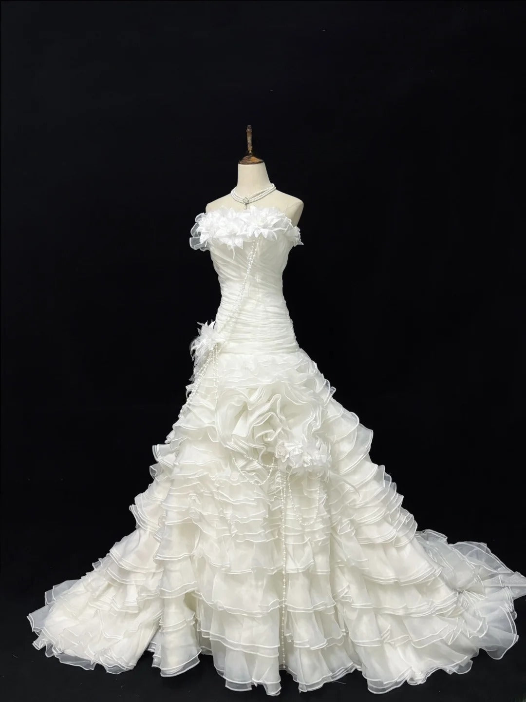 Vintage Mermaid Strapless Cream Ivory With Tiered Layers Long Brides Gown Bridal Dress Wedding Dresses Style RB7485