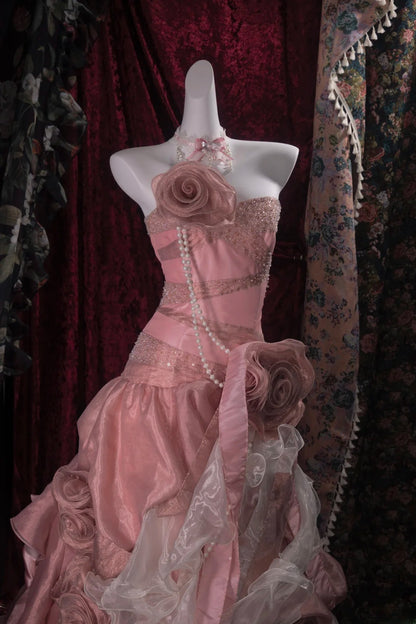 Elegant Mermaid Strapless Pink With Beading Flowers Long Prom Dresses Formal Outfit Evening Night Dress RB8130