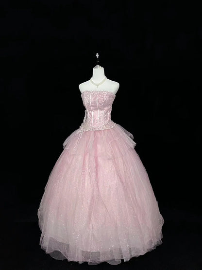 Princess Ball Gown Strapless Pink With Appliqued Quince Dress Voluminous Sweet 16 Sweet Sixteen Outfits Vestido de 15 RB7486