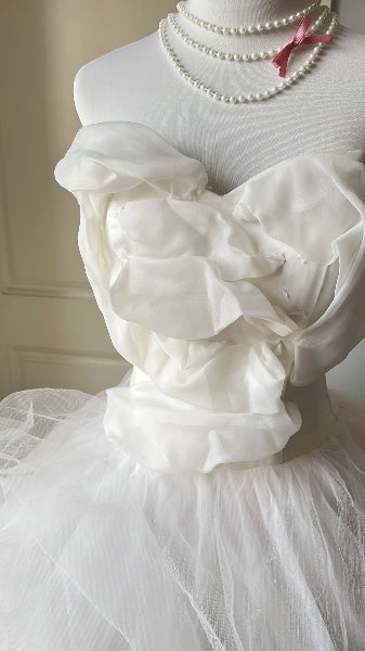 Princess Wedding Dress Ball Gown Sweetheart Tulle White With Flowers Floor Length Bridal Gown RC0482