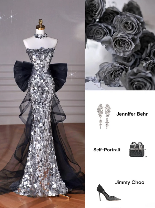 Shinning Mermaid Strapless Sequin Silver Prom Dresses Formal Dress 18th Birthday Outfits Prom Gown RB1780